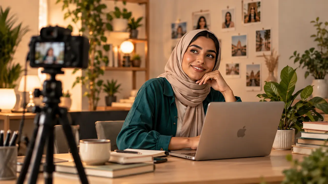 A creator smiling at her laptop beside a camera on a tripod