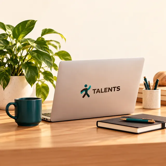 A desk with a laptop showing the Talents logo