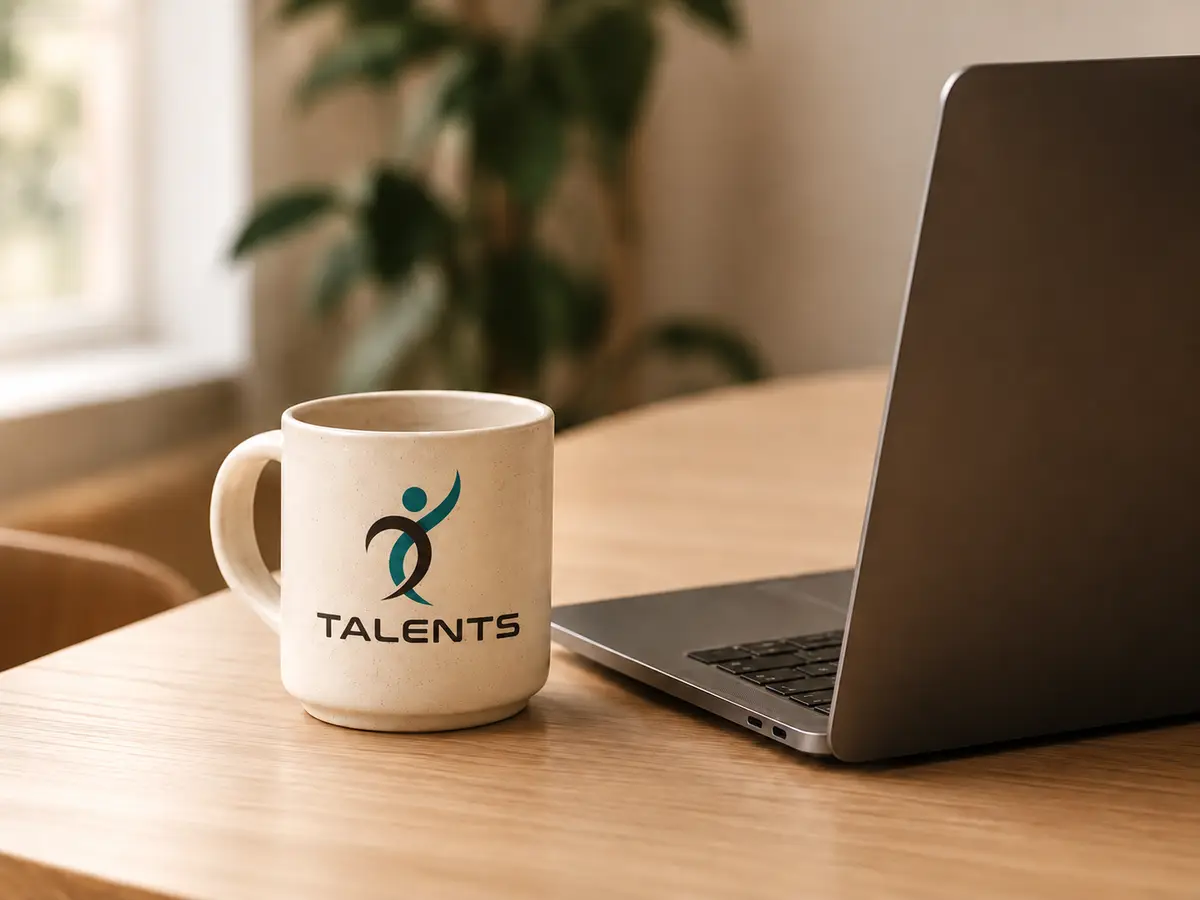A Talents mug beside a laptop on a wooden desk