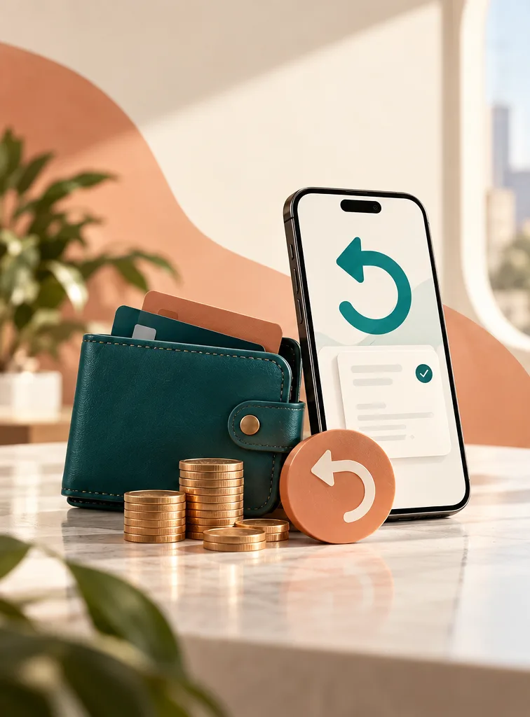 A wallet, coins and a phone showing a refund