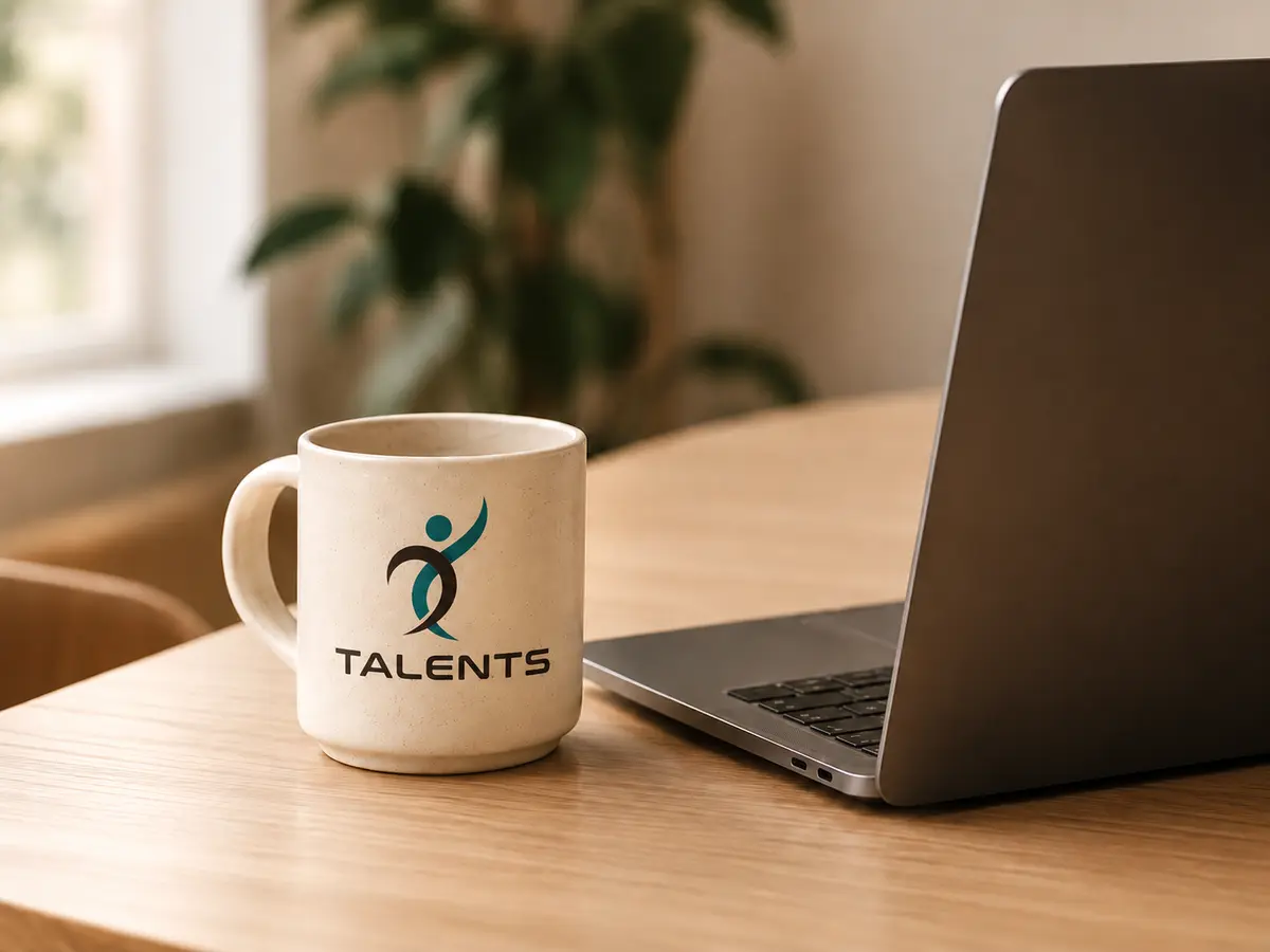 A contract and a pen beside a laptop and a mug on a desk